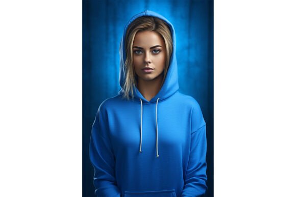 Female Wearing Blue Hoodie Mockup for Product Mockups and Graphics